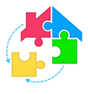 A house shaped puzzle in four pieces; red, blue and green and together and yellow is separated in the lower left-hand corner of the house puzzle shape.