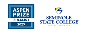 Blue Aspen Prize Finalist 2025 square logo and Seminole State College of Florida in yellow and blue font with shield logo