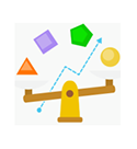 A scale with a dotted blue arrow pointing up with an orange triangle, purple square, green hexagon, and yellow circle over the scale.
