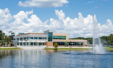 A sunny day overlooking the lake at the Student Center building of the Seminole State Sanford/Lake Mary campus.