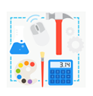 A collection of knowledge tools - red hammer, blue calculator, red paint brush and multi-color pain pallette, blue chemistry container.